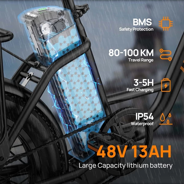 URLIFE E20 elektromos kerékpár 250W motorral, 48V 13Ah akkumulátorral, 20x3” gumi, 25 km/h, 100 km hatótáv, teleszkóp, 7 seb. - Fekete