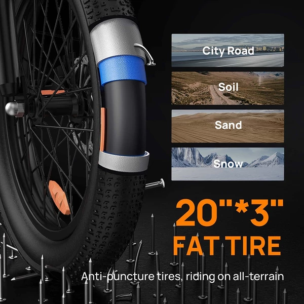 URLIFE E20 elektromos kerékpár 250W motorral, 48V 13Ah akkumulátorral, 20x3” gumi, 25 km/h, 100 km hatótáv, teleszkóp, 7 seb. - Fekete