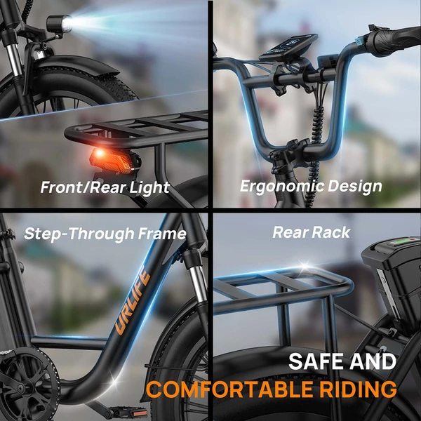 URLIFE E20 elektromos kerékpár 250W motorral, 48V 13Ah akkumulátorral, 20x3” gumi, 25 km/h, 100 km hatótáv, teleszkóp, 7 seb. - Fekete