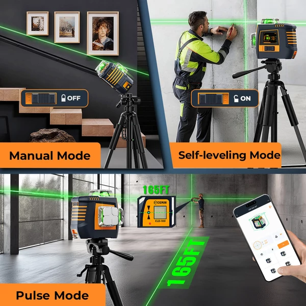 CIGMAN CM-S05 12 vonalas lézeres szintező, gesztusvezérlés, 3×360° zöld lézer, ±3° önszintezés, valós idejű LCD kijelző, 4 fokozatú fényerő, IP54