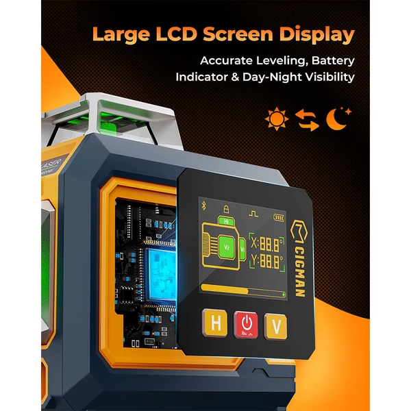 CIGMAN CM-S03 12 vonalas lézer szintező LCD-vel, 3×360° zöld vonal, ±1,5 mm/5 m, önszintező, IP54, app + távirányító