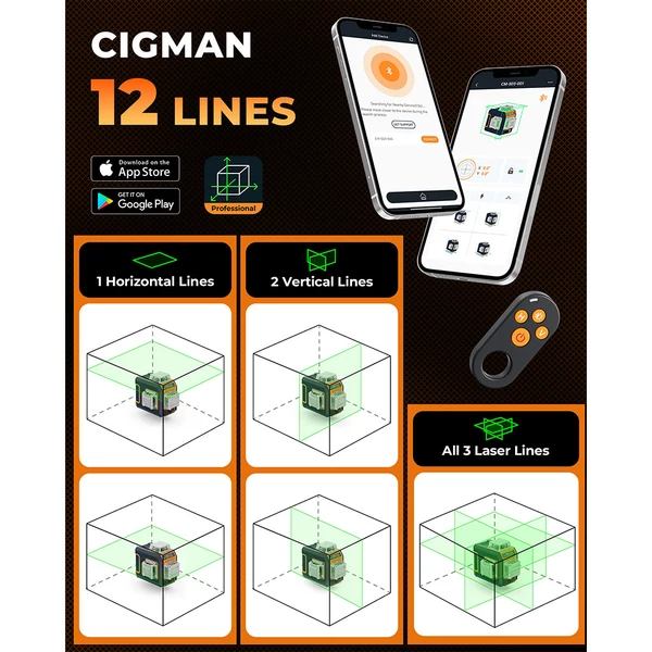 CIGMAN CM-S03 12 vonalas lézer szintező LCD-vel, 3×360° zöld vonal, ±1,5 mm/5 m, önszintező, IP54, app + távirányító