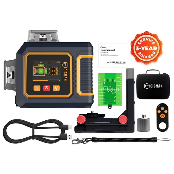 CIGMAN CM-S03 12 vonalas lézer szintező LCD-vel, 3×360° zöld vonal, ±1,5 mm/5 m, önszintező, IP54, app + távirányító