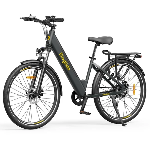 Eleglide T1 Step-Thru elektromos trekking kerékpár 27,5" gumik, 36V 13Ah akku, 250W motor, 25 km/h, Shimano 7, 100 km, IPX4, 120 kg, tárcsafék, szürke