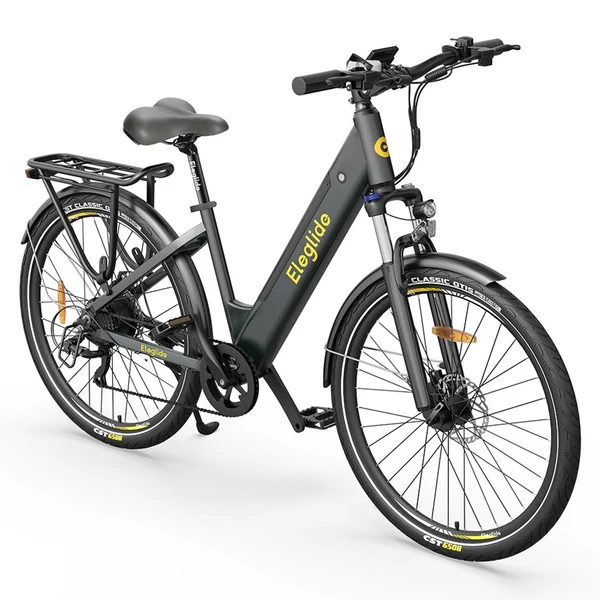 Eleglide T1 Step-Thru elektromos trekking kerékpár 27,5" gumik, 36V 13Ah akku, 250W motor, 25 km/h, Shimano 7, 100 km, IPX4, 120 kg, tárcsafék, szürke