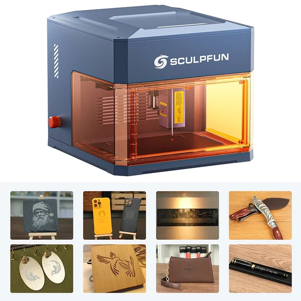 SCULPFUN iCube Ultra 12W lézergravírozó – zárt (Class 1) ház, autofókusz, 0,08 mm pont, 150×150 mm munkaterület, füstszűrő, fa/bőr/bambusz