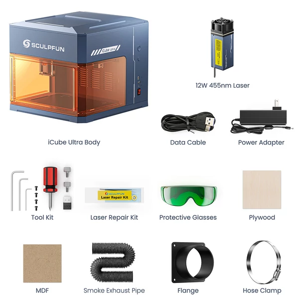 SCULPFUN iCube Ultra 12W lézergravírozó – zárt (Class 1) ház, autofókusz, 0,08 mm pont, 150×150 mm munkaterület, füstszűrő, fa/bőr/bambusz