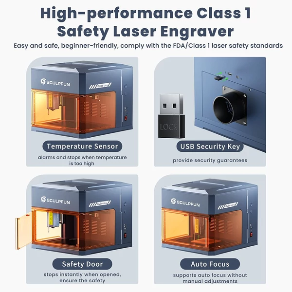 SCULPFUN iCube Ultra 12W lézergravírozó – zárt (Class 1) ház, autofókusz, 0,08 mm pont, 150×150 mm munkaterület, füstszűrő, fa/bőr/bambusz