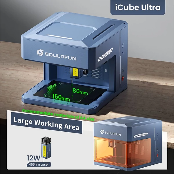 SCULPFUN iCube Ultra 12W lézergravírozó – zárt (Class 1) ház, autofókusz, 0,08 mm pont, 150×150 mm munkaterület, füstszűrő, fa/bőr/bambusz