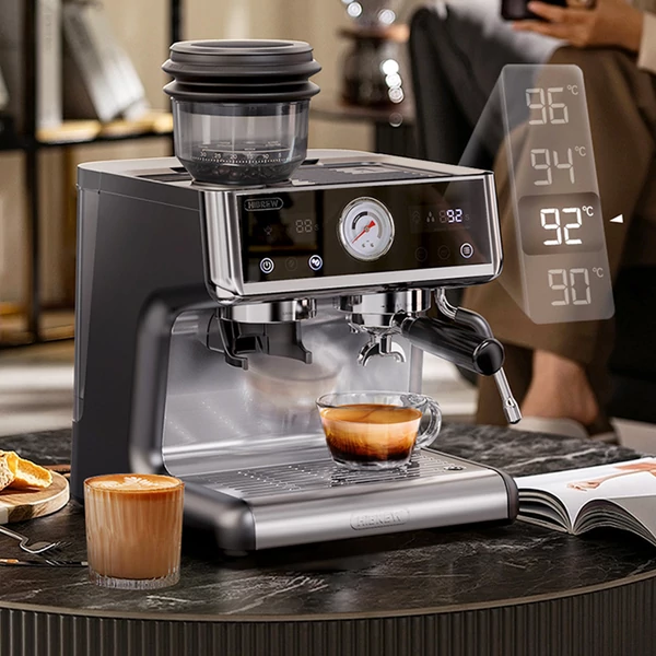 HiBREW H7A eszpresszógép kávéfőző, 20 bar nyomás, duál bojler, 30 fokozatú őrlő, 250 g tartály, LCD érintőkijelző