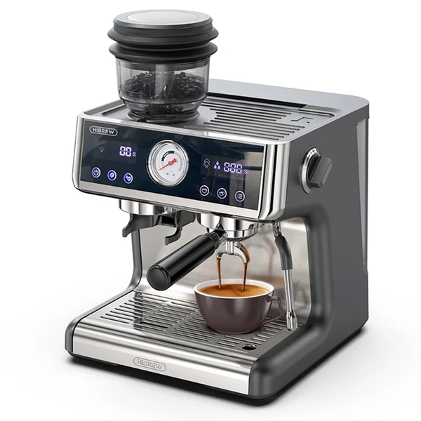 HiBREW H7A eszpresszógép kávéfőző, 20 bar nyomás, duál bojler, 30 fokozatú őrlő, 250 g tartály, LCD érintőkijelző