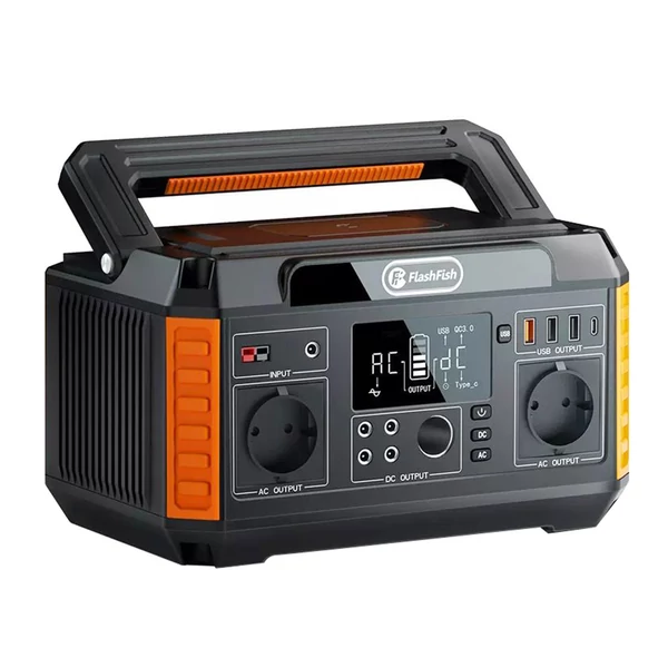 FlashFish P60 560W hordozható erőmű 520Wh napelemes generátor, 220V tiszta szinusz AC, 11 kimenet, LCD kijelző