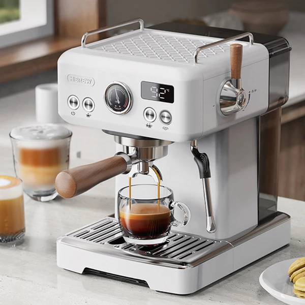 HiBREW H10 Plus eszpresszó kávégép 20 bar nyomással, félautomata, gyors fűtés, hőfokszabályzás, gőzölő tejhabosító, kompakt inox (latte art csésze nélkül)