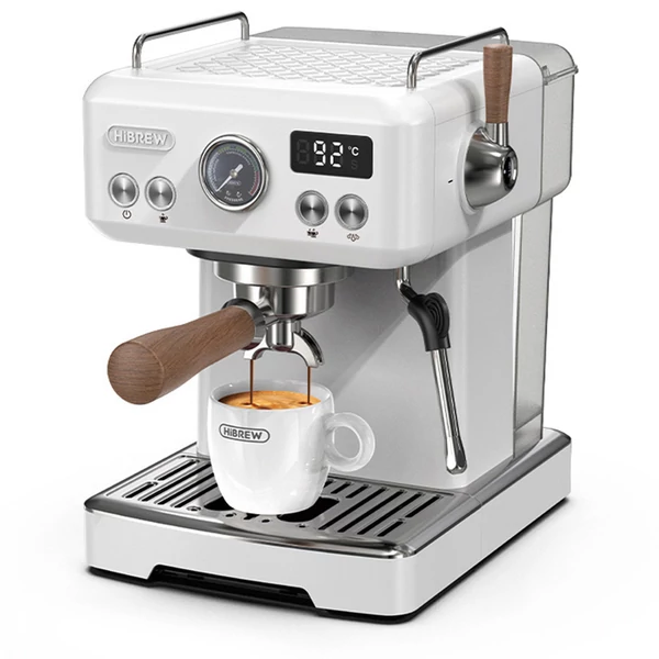 HiBREW H10 Plus eszpresszó kávégép 20 bar nyomással, félautomata, gyors fűtés, hőfokszabályzás, gőzölő tejhabosító, kompakt inox (latte art csésze nélkül)