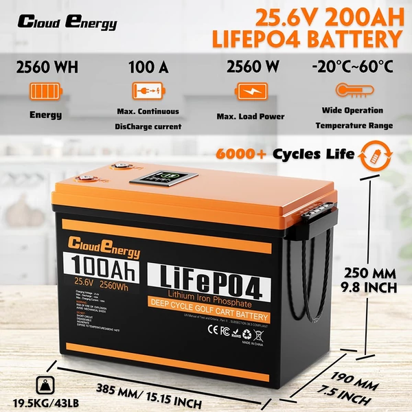 Cloudenergy 24V 100Ah LiFePO4 akkumulátorcsomag tartalék áramellátáshoz, 2560Wh, 6000+ ciklus, 100A BMS, LCD, soros/párhuzamos, RV, hajó, napelem, off-grid