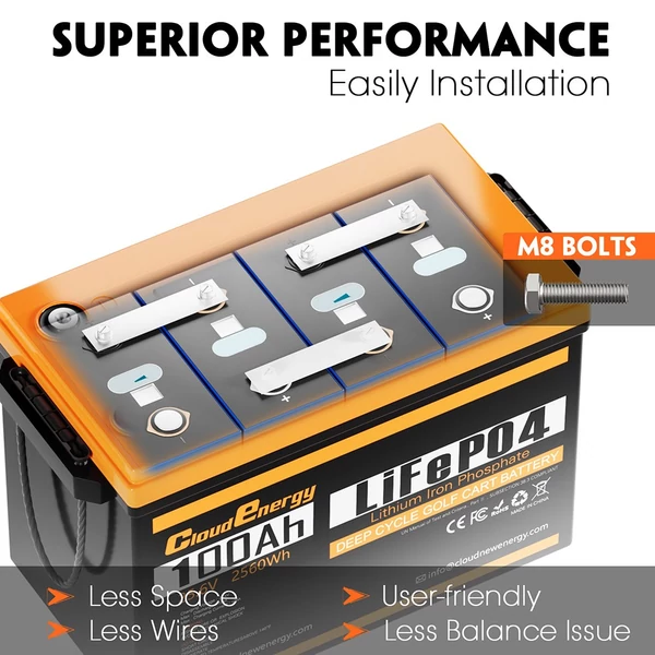 Cloudenergy 24V 100Ah LiFePO4 akkumulátorcsomag tartalék áramellátáshoz, 2560Wh, 6000+ ciklus, 100A BMS, LCD, soros/párhuzamos, RV, hajó, napelem, off-grid