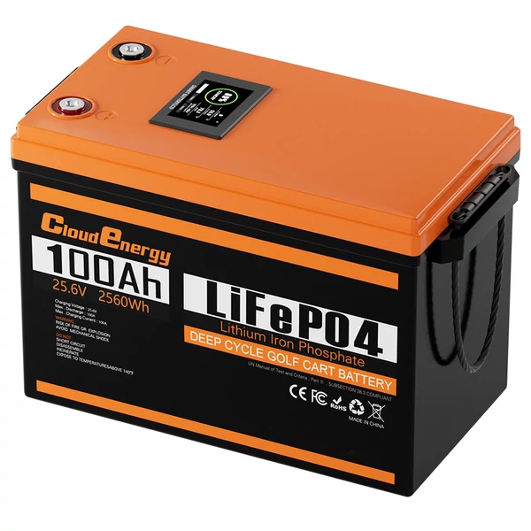 Cloudenergy 24V 100Ah LiFePO4 akkumulátorcsomag tartalék áramellátáshoz, 2560Wh, 6000+ ciklus, 100A BMS, LCD, soros/párhuzamos, RV, hajó, napelem, off-grid