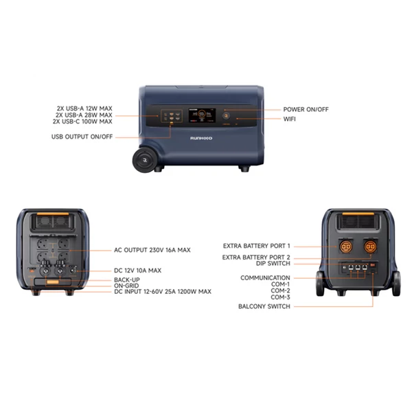 RUNHOOD F2400 hordozható erőmű 2400W/2400Wh LiFePO4 akkumulátorral, 4800W csúcsteljesítményű kültéri generátor, erkély energiatároló rendszer
