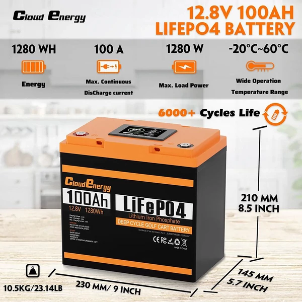 Cloudenergy 12V 100Ah LiFePO4 akkumulátor 1280Wh, 6000+ ciklus, 100A BMS, LCD kijelző, soros/párhuzamos, napelemhez, lakóautóhoz, hajóhoz