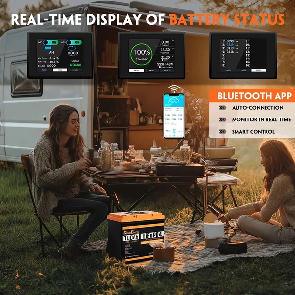 Cloudenergy 12V 100Ah LiFePO4 akkumulátor 1280Wh, 6000+ ciklus, 100A BMS, LCD kijelző, soros/párhuzamos, napelemhez, lakóautóhoz, hajóhoz