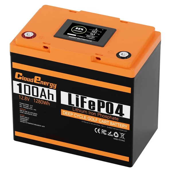 Cloudenergy 12V 100Ah LiFePO4 akkumulátor 1280Wh, 6000+ ciklus, 100A BMS, LCD kijelző, soros/párhuzamos, napelemhez, lakóautóhoz, hajóhoz