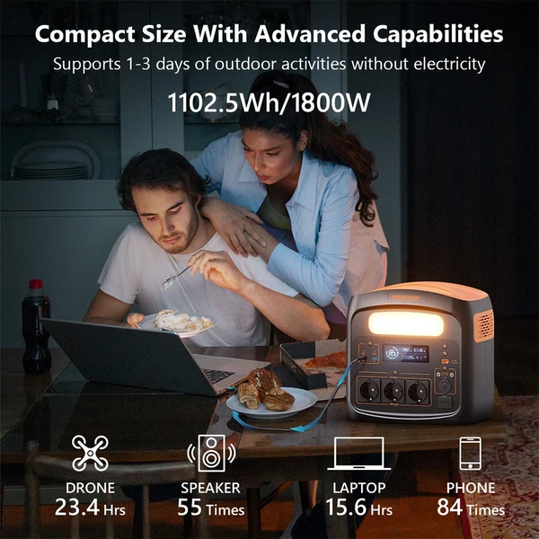NECESPOW N1200 hordozható erőmű 1102,5Wh LiFePO4 akkumulátorral, 1800W (3000W csúcs), USB-C PD 100W, LED lámpa, 10 kimenet – kemping, lakóautó, vészhelyzet