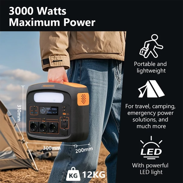 NECESPOW N1200 hordozható erőmű 1102,5Wh LiFePO4 akkumulátorral, 1800W (3000W csúcs), USB-C PD 100W, LED lámpa, 10 kimenet – kemping, lakóautó, vészhelyzet