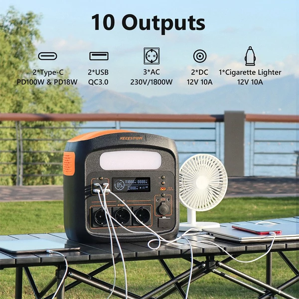 NECESPOW N1200 hordozható erőmű 1102,5Wh LiFePO4 akkumulátorral, 1800W (3000W csúcs), USB-C PD 100W, LED lámpa, 10 kimenet – kemping, lakóautó, vészhelyzet