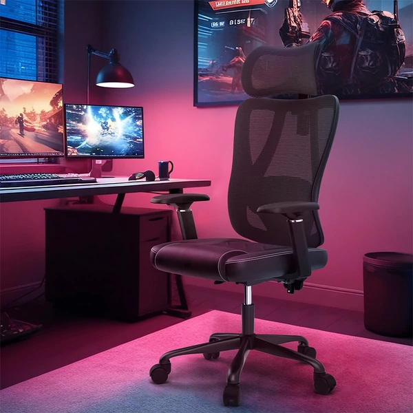 ACGAM CG-5455M ergonomikus gamer irodai szék, PVC ülőpárna, állítható karfa és fejtámla, 4D deréktámasz, szinkron dönthető háttámla