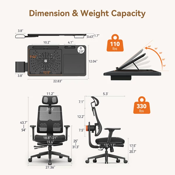 NEWTRAL MagicH-BP ergonomikus irodai szék lábtartóval és levehető asztallappal - fekete
