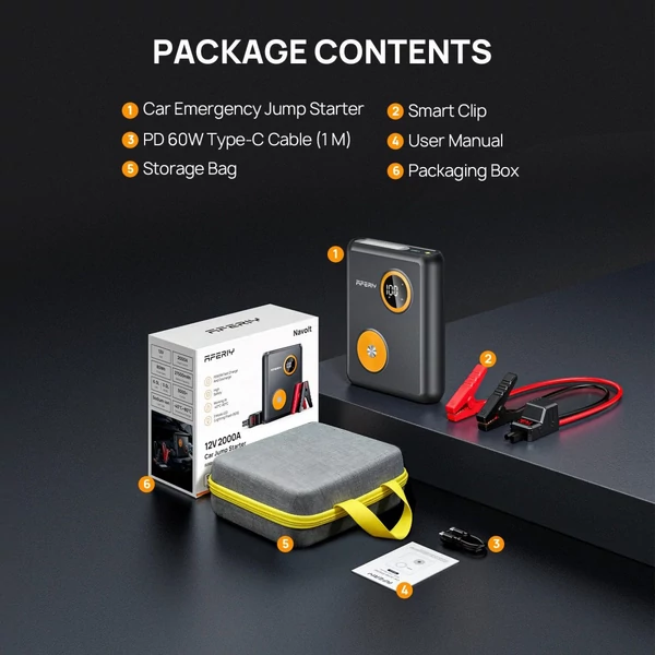 AFERIY GK03 12V autós bikázó (2000A), 27500mAh power bank, 60W PD gyorstöltés, QC3.0/DC kimenet, kijelző és LED, 6.0L benzin/3.0L dízelhez