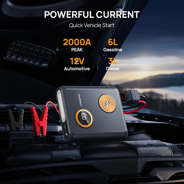AFERIY GK03 12V autós bikázó (2000A), 27500mAh power bank, 60W PD gyorstöltés, QC3.0/DC kimenet, kijelző és LED, 6.0L benzin/3.0L dízelhez