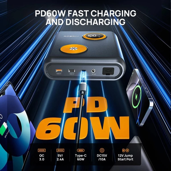 AFERIY GK03 12V autós bikázó (2000A), 27500mAh power bank, 60W PD gyorstöltés, QC3.0/DC kimenet, kijelző és LED, 6.0L benzin/3.0L dízelhez