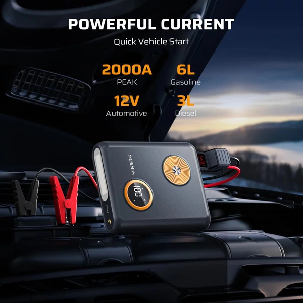 AFERIY GK03 12V autós bikázó (2000A), 27500mAh power bank, 60W PD gyorstöltés, QC3.0/DC kimenet, kijelző és LED, 6.0L benzin/3.0L dízelhez