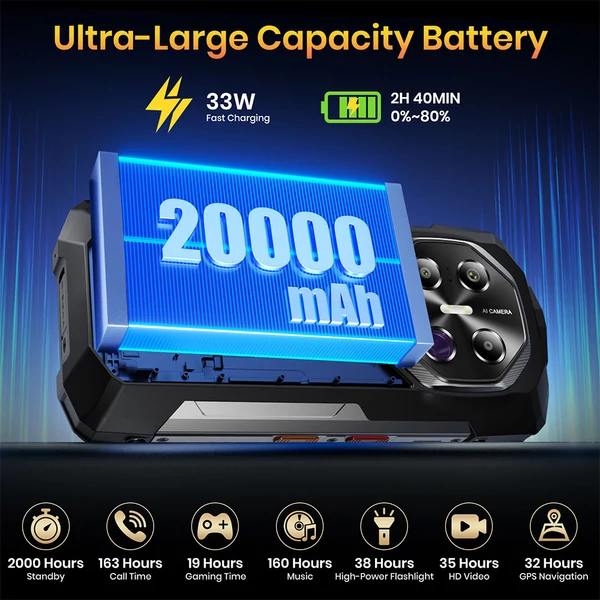 FOSSiBOT F113 5G strapabíró okostelefon, 36GB RAM, 256GB tárhely, 6,78” 120Hz FHD+ kijelző, 20000mAh akku, 33W gyorstöltés, 64MP éjjellátó + 50MP kamera, 50m lámpa, Dual SIM