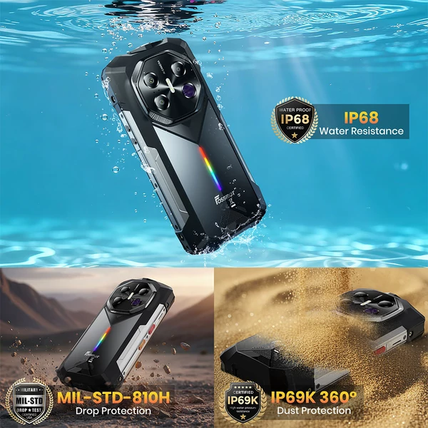 FOSSiBOT F113 5G strapabíró okostelefon, 36GB RAM, 256GB tárhely, 6,78” 120Hz FHD+ kijelző, 20000mAh akku, 33W gyorstöltés, 64MP éjjellátó + 50MP kamera, 50m lámpa, Dual SIM