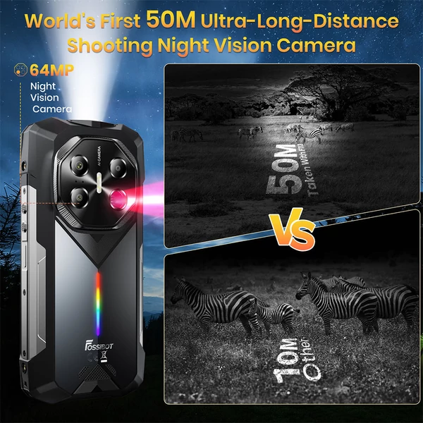 FOSSiBOT F113 5G strapabíró okostelefon, 36GB RAM, 256GB tárhely, 6,78” 120Hz FHD+ kijelző, 20000mAh akku, 33W gyorstöltés, 64MP éjjellátó + 50MP kamera, 50m lámpa, Dual SIM