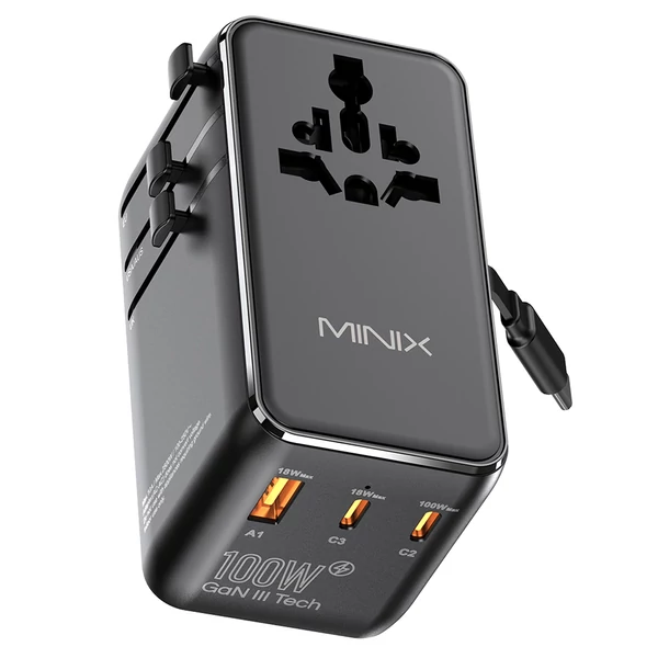 MINIX TP100C univerzális utazó adapter 63 cm kihúzható USB‑C kábellel