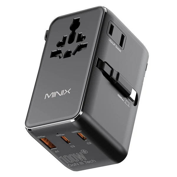 MINIX TP100C univerzális utazó adapter 63 cm kihúzható USB‑C kábellel