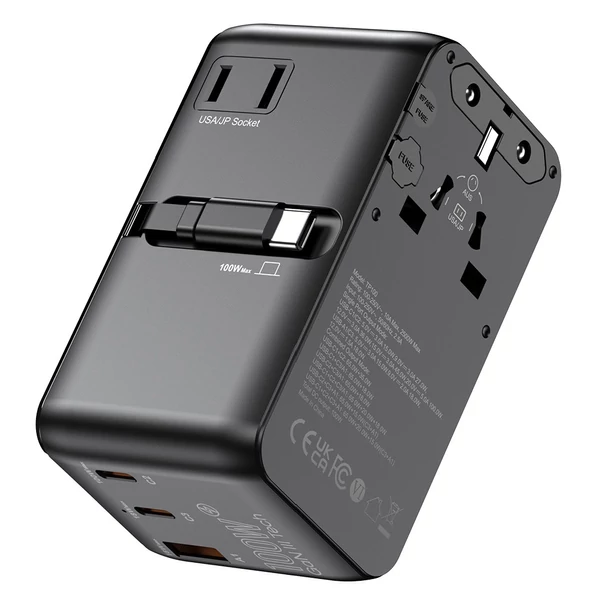 MINIX TP100C univerzális utazó adapter 63 cm kihúzható USB‑C kábellel