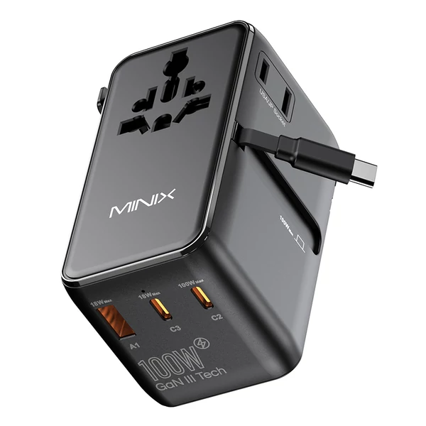 MINIX TP100C univerzális utazó adapter 63 cm kihúzható USB‑C kábellel