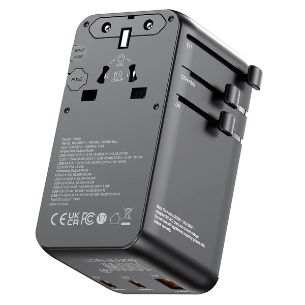 MINIX TP100C univerzális utazó adapter 63 cm kihúzható USB‑C kábellel