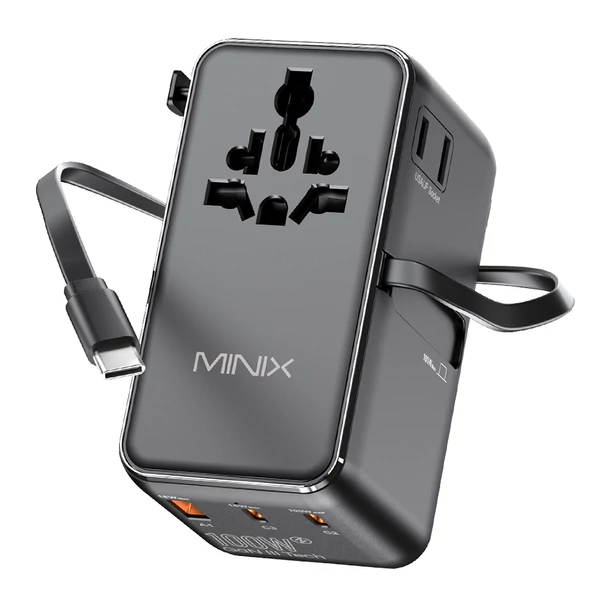 MINIX TP100C univerzális utazó adapter 63 cm kihúzható USB‑C kábellel