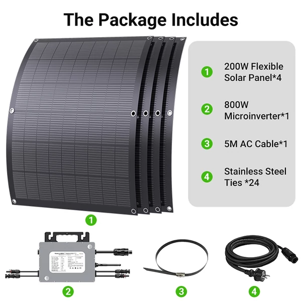 LIONSHEE LS-PV800Mi 800W hajlékony napelem szett (4×200W) 800W mikroinverterrel, 23,5% hatásfok, IP67, 5 m AC kábel, Plug&Play erkélyre és lakókocsiba