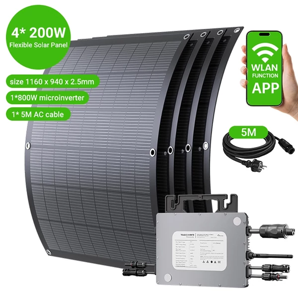 LIONSHEE LS-PV800Mi 800W hajlékony napelem szett (4×200W) 800W mikroinverterrel, 23,5% hatásfok, IP67, 5 m AC kábel, Plug&Play erkélyre és lakókocsiba
