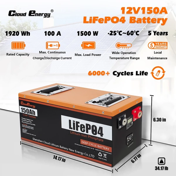 Cloudenergy 12V 150Ah LiFePO4 akkumulátorcsomag, 1920Wh, 6000+ ciklus, beépített 100A BMS