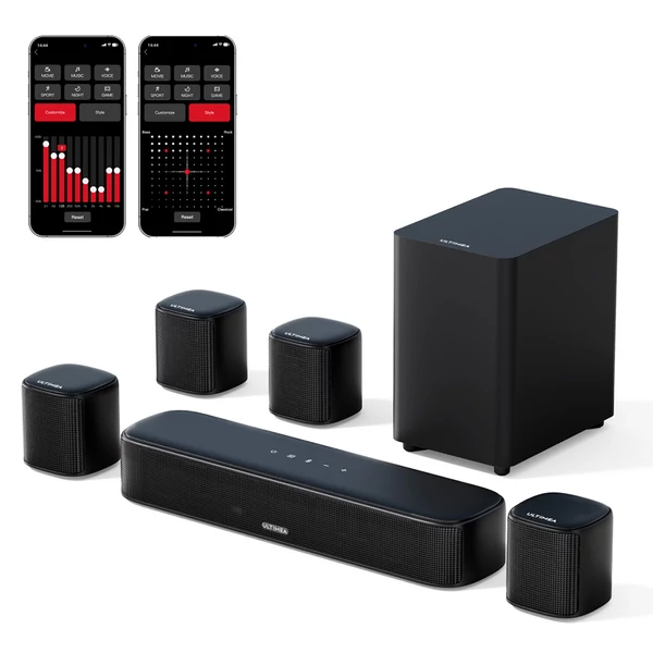 Ultimea Aura A40 7.1 csatornás soundbar szett mélynyomóval, appvezérlés, 10 sávos EQ, 121 előbeállítás, Bluetooth 5.3, 330W csúcsteljesítmény