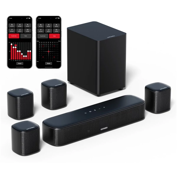 Ultimea Aura A40 7.1 csatornás soundbar szett mélynyomóval, appvezérlés, 10 sávos EQ, 121 előbeállítás, Bluetooth 5.3, 330W csúcsteljesítmény