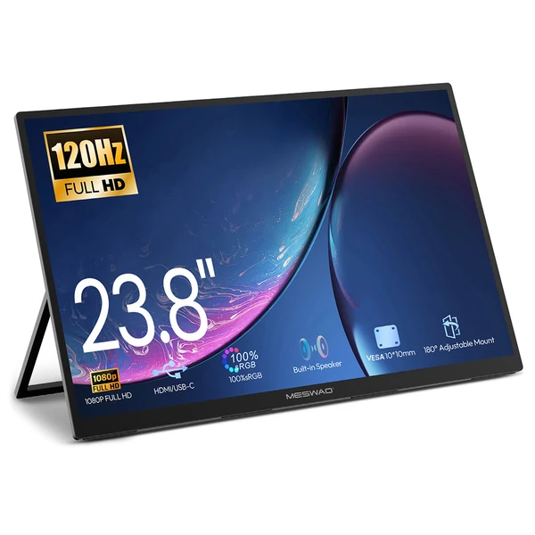 MESWAO S238 23,8" hordozható monitor – 1080P FHD IPS, 120Hz, 100% sRGB, beépített hangszóró, Type-C/HDMI, VESA