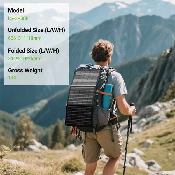 LIONSHEE LS-SP30F 30W összecsukható napelem panel – 23% hatásfok, IP67 vízálló, USB és Type‑C kimenet, 3 részes ETFE monokristályos solar töltő